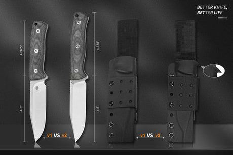 Two fixed blade knives compared side by side, showing handles, blades and sheaths.