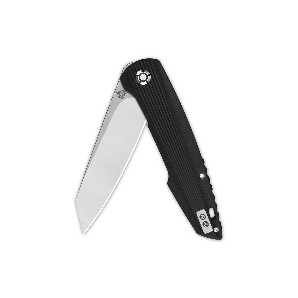 QSP Phoenix pocket knife featuring a sleek D2 blade and textured black G10 grip.