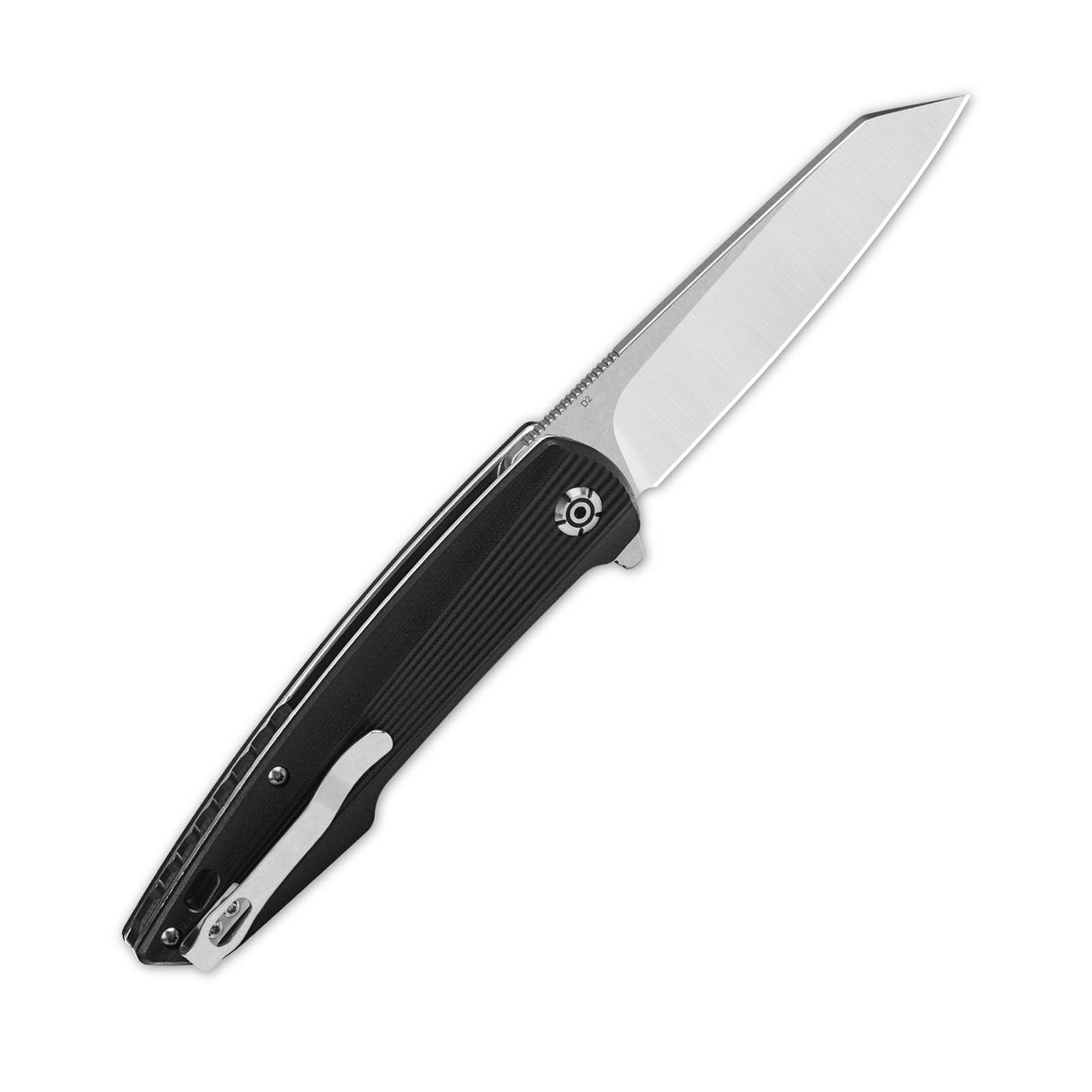 QSP Phoenix pocket knife with polished D2 blade and black G10 handle.