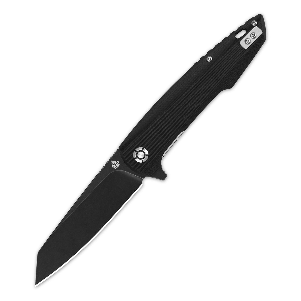 QSP Phoenix pocket knife featuring a sharp D2 blade and textured black G10 handle.