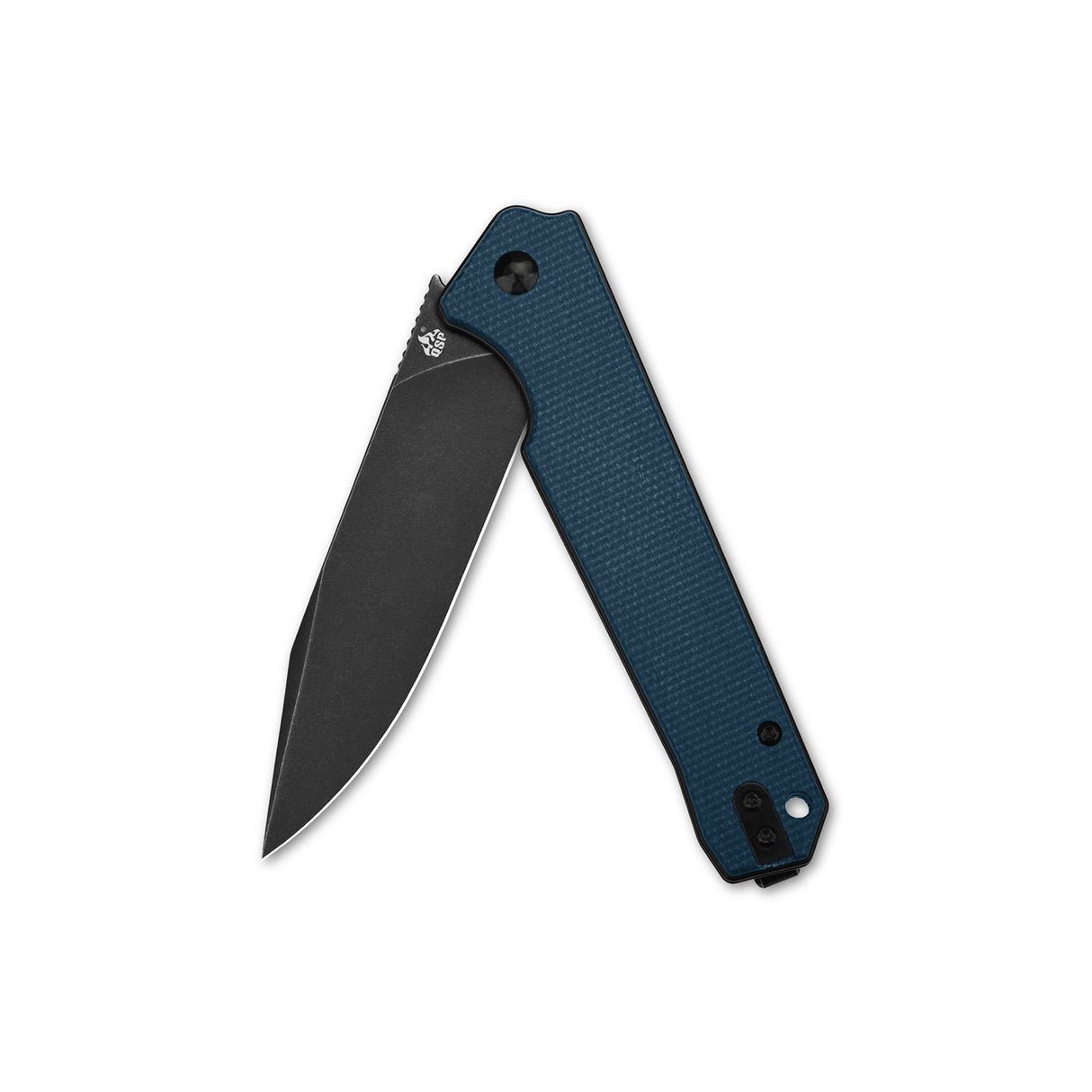 QSP Mamba V2 pocket knife with partially open D2 blade and blue micarta handle