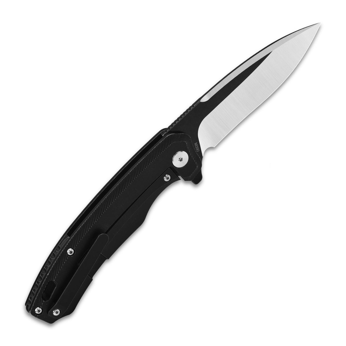 QSP Woodpecker Frame Lock Pocket Knife Böhler M390 Blade Black Stonewashed Titanium Handle