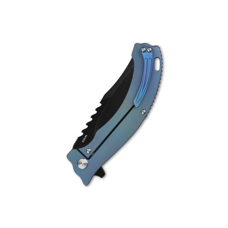 Sleek QSP Kylin pocket knife with a blue handle and serrated black blade