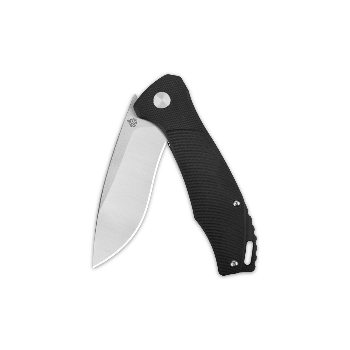 QSP Raven pocket knife with smooth D2 steel blade and textured black G10 handle