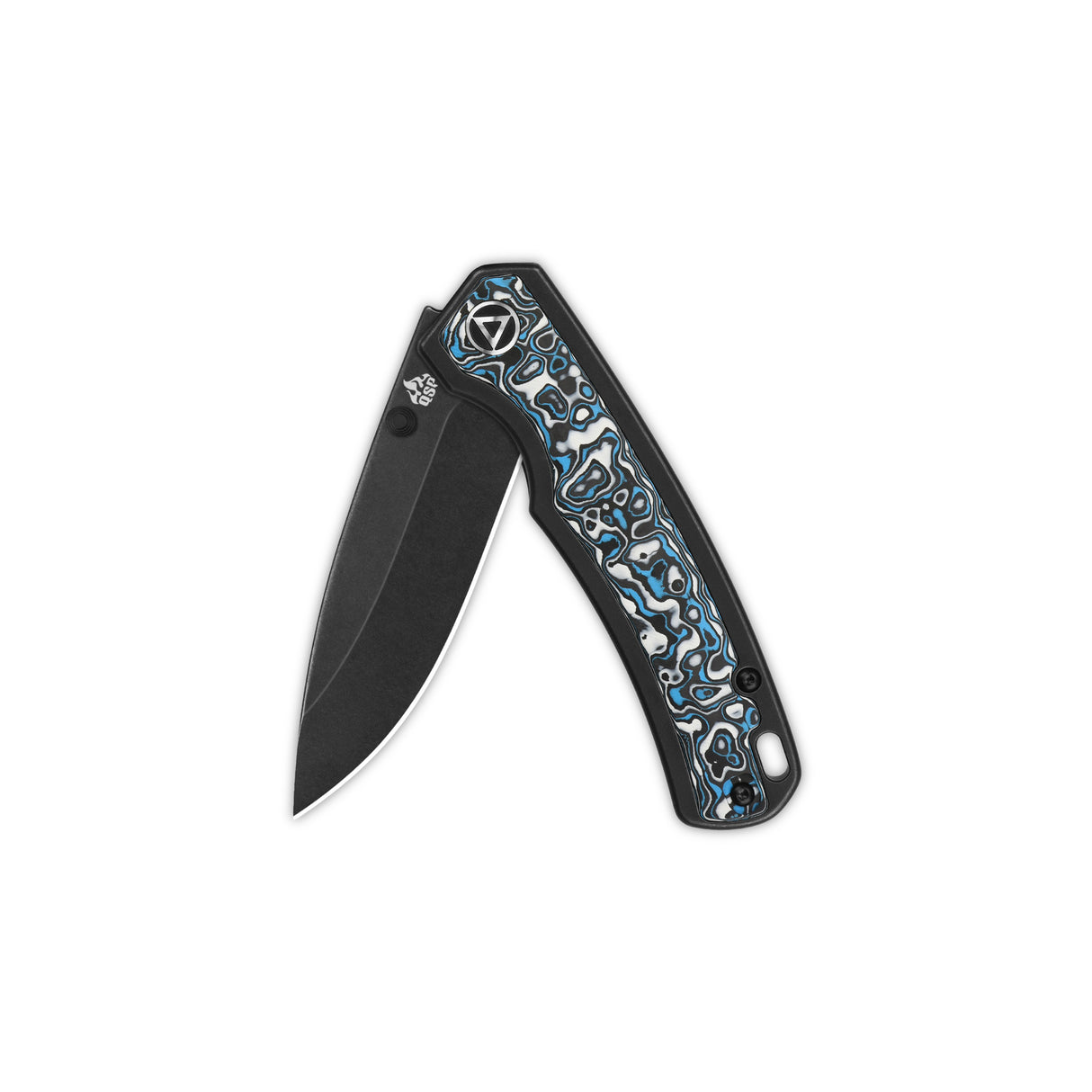 QSP Puffin pocket knife with drop point black blade and vibrant blue camo carbon fiber grip