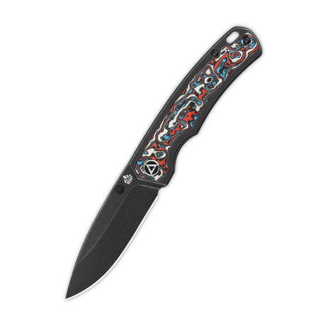 QSP Puffin pocket knife with black blade and vibrant red-blue camo handle design.