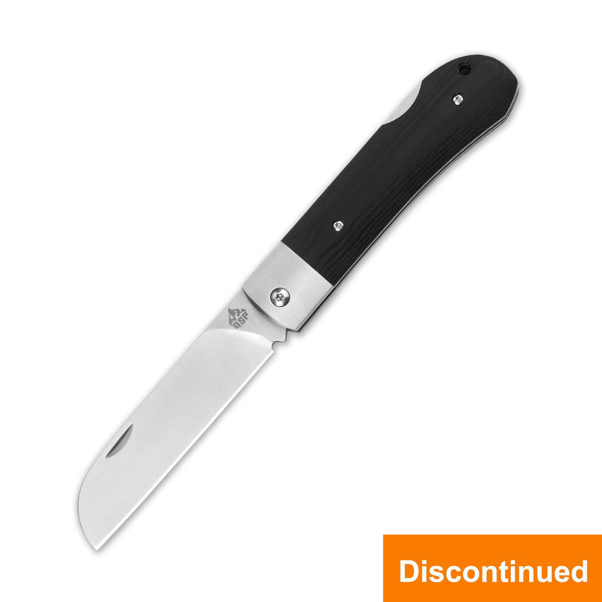 Black handle folding knife with stainless steel blade, marked as discontinued.