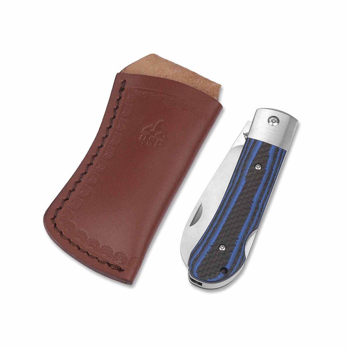 QSP Worker Pocket Knife with blue G10 handle and leather pouch