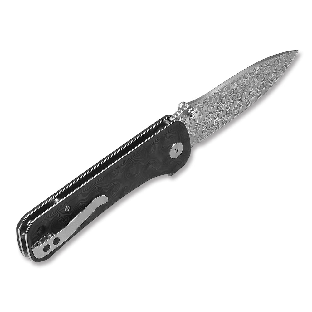 QSP Hawk pocket knife with unique Laminated Damascus blade and sleek carbon fiber handle.