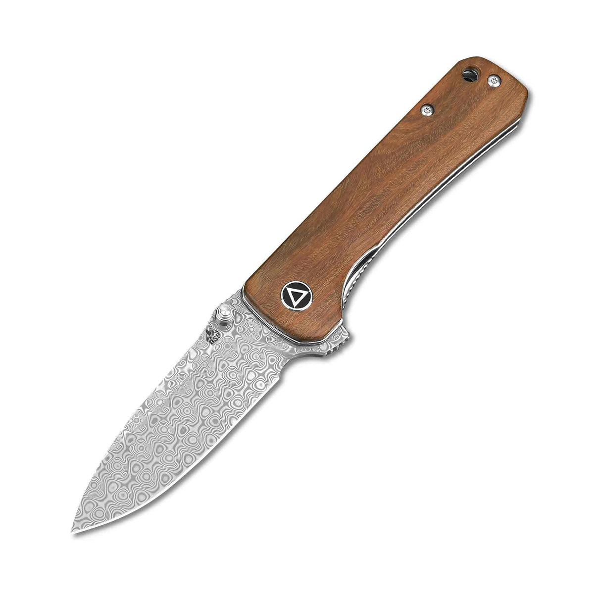 QSP Hawk pocket knife with laminated Damascus blade and Verawood handle