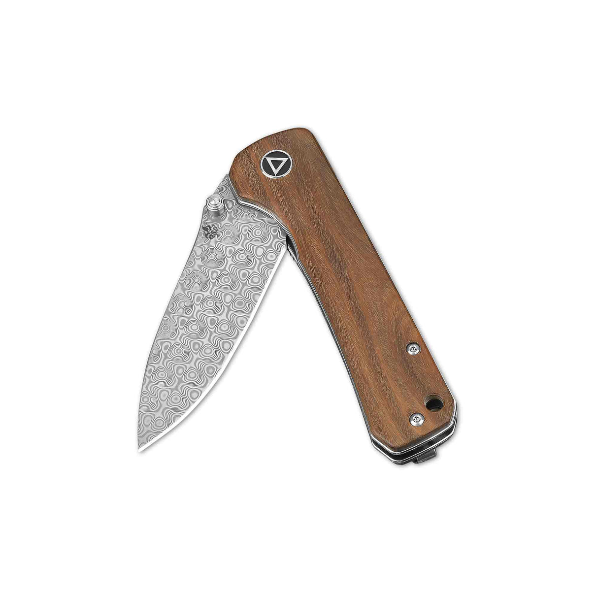 QSP Hawk pocket knife featuring laminated Damascus blade and Verawood handle