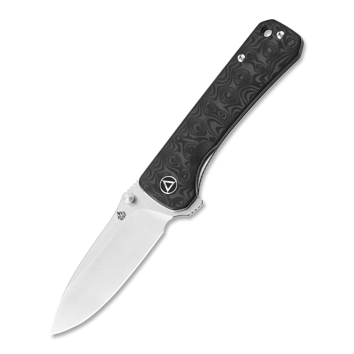 QSP Hawk pocket knife with unique Laminated Damascus blade and stylish carbon fiber handle.