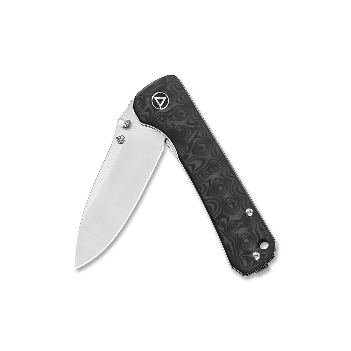 QSP Hawk pocket knife featuring marbled carbon fiber handle and S35VN blade.