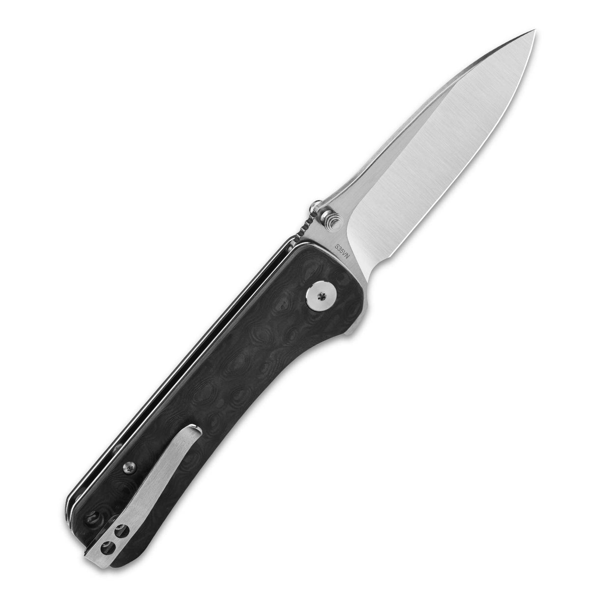 QSP Hawk pocket knife with sleek S35VN blade and marbled carbon fiber handle.