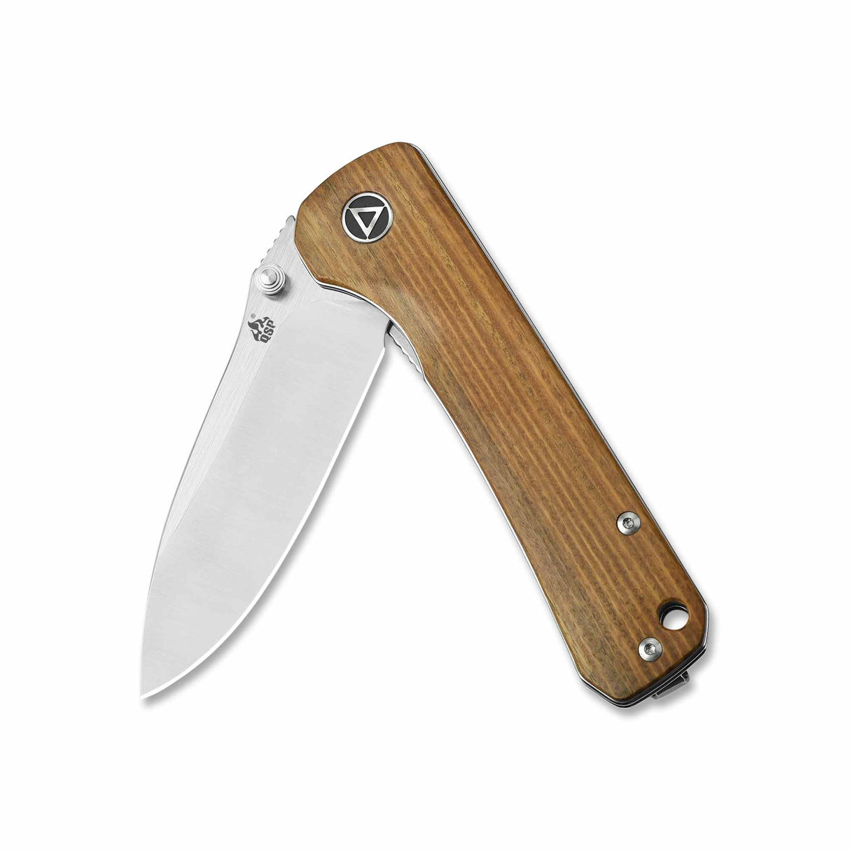 QSP Hawk pocket knife with laminated blade and Verawood handle in an open position