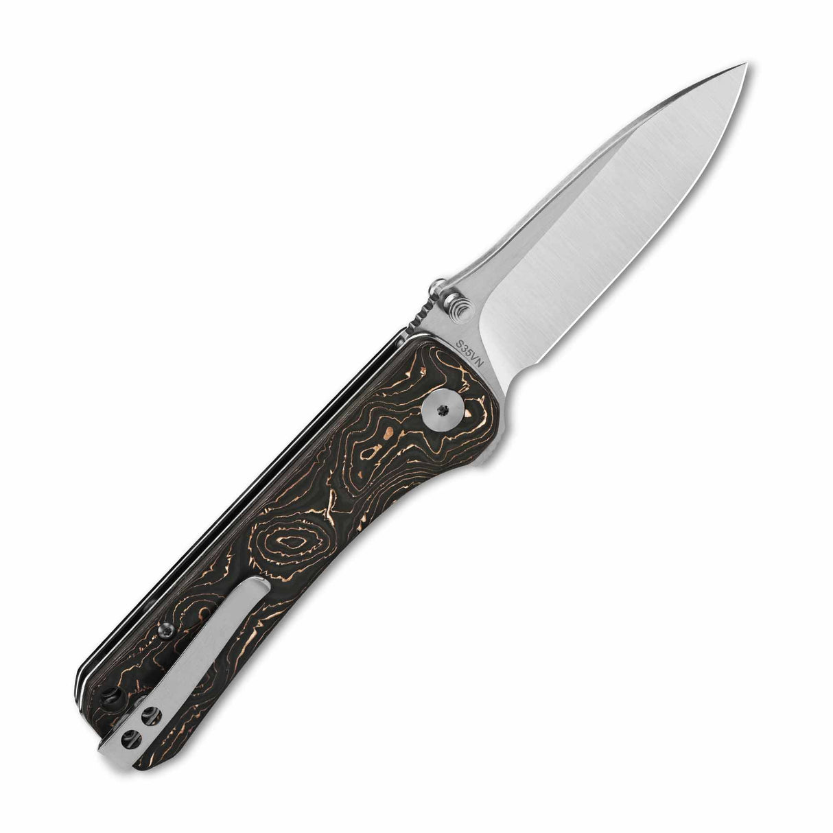 QSP Hawk Liner Lock Pocket Knife Laminated Damascus/S35VN Blade with Copper foil Carbon Fiber Handles