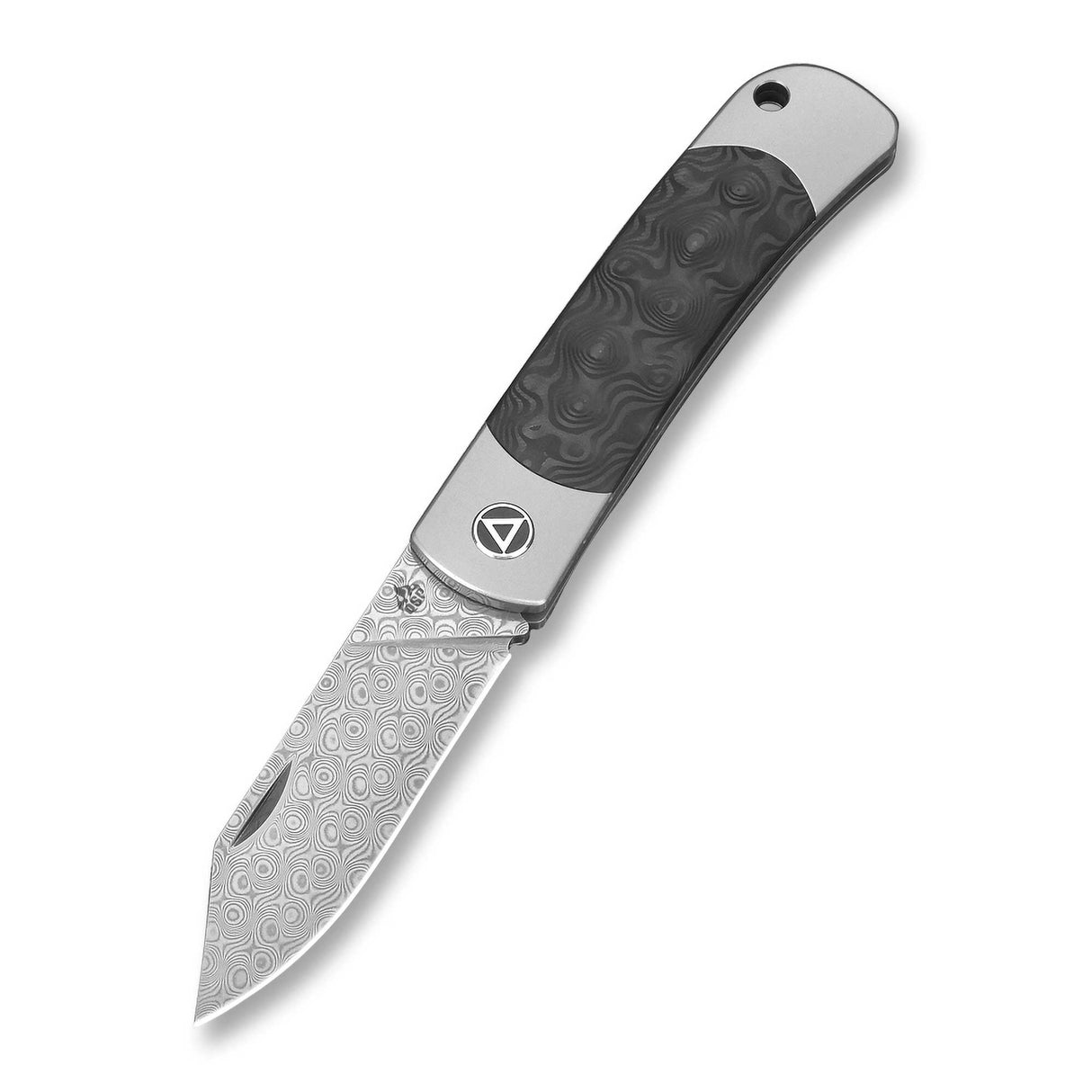 QSP Falcon Slip Joint Pocket Knife Damascus Blade Titanium Handle with Marbled CF attached