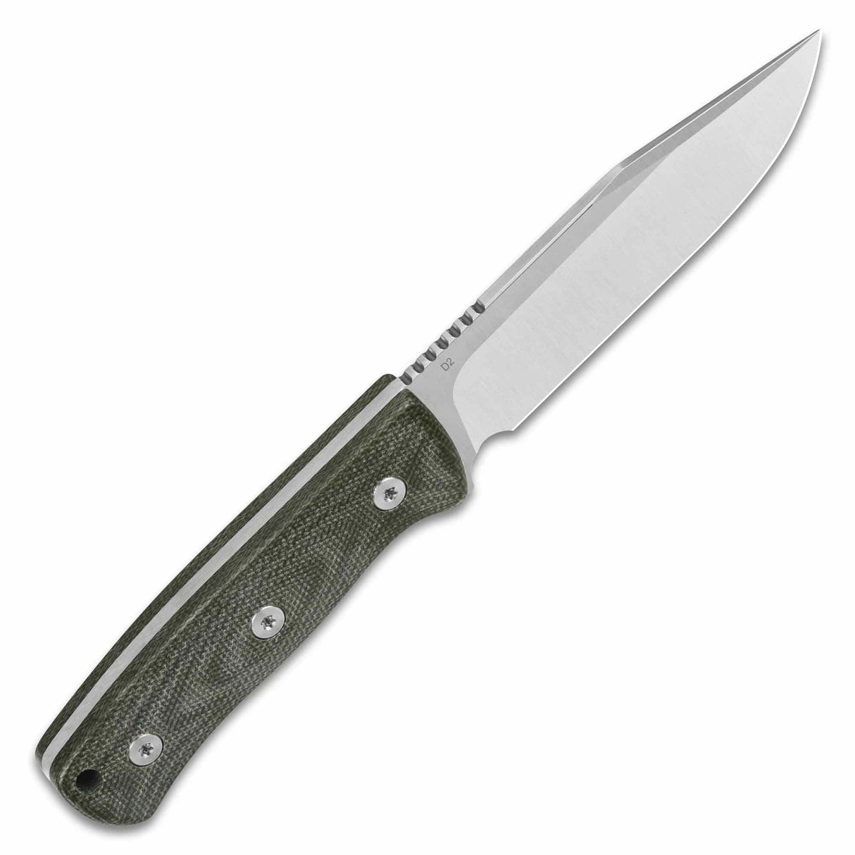 QSP Bison V1 fixed blade knife with green Micarta handle and D2 clip point blade