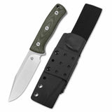 QSP Bison V1 fixed blade knife with green Micarta handle and Kydex sheath