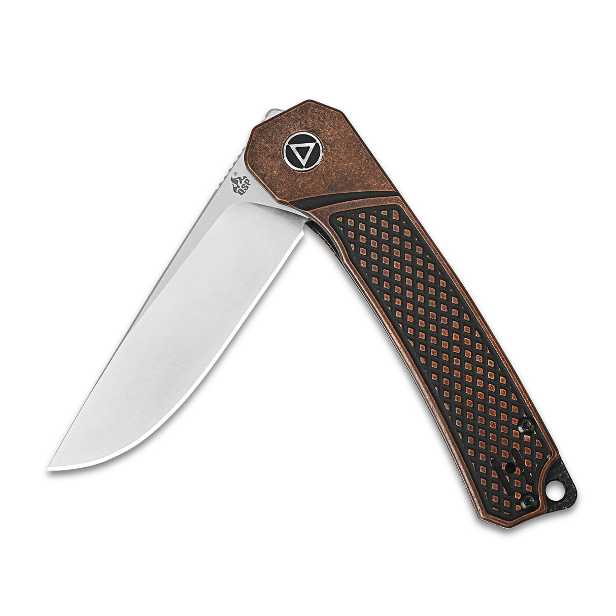 QSP Osprey pocket knife with copper handle and drop point 14C28N blade, open position.