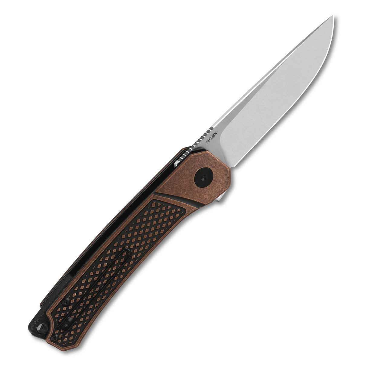 QSP Osprey pocket knife with textured copper handle and drop point blade.