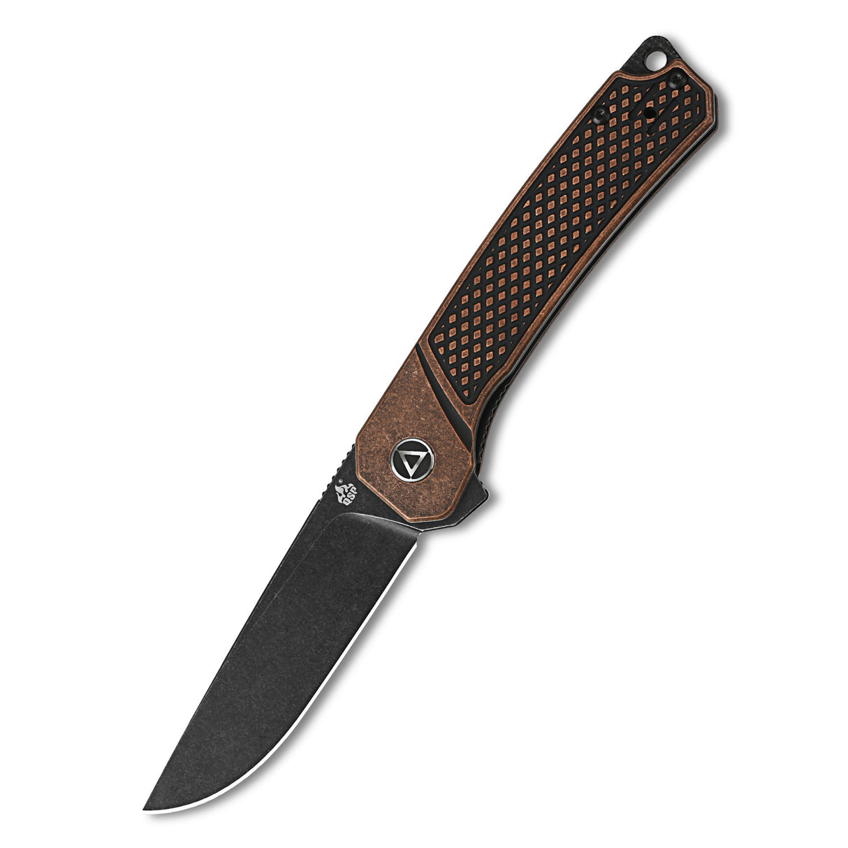 QSP Osprey pocket knife with black drop point blade and textured copper handle.