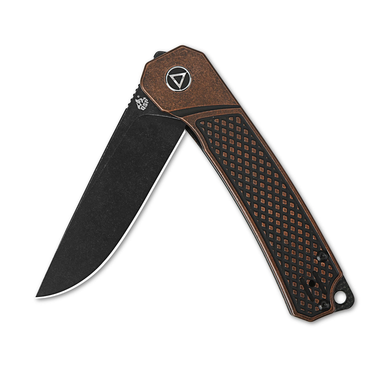 QSP Osprey pocket knife with textured copper handle and black drop point blade.