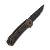 Open QSP Osprey pocket knife with black drop point blade and copper handle.