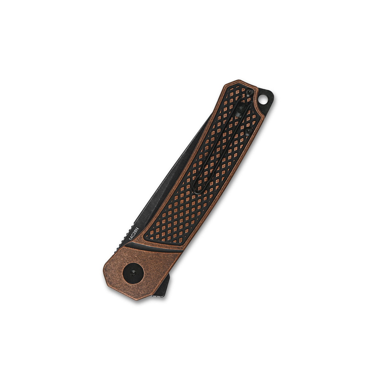 QSP Osprey pocket knife with textured copper handle and closed black blade.