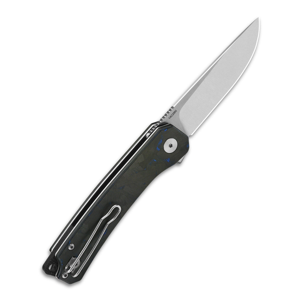 QSP Osprey pocket knife with blue shredded carbon fiber G10 handle and drop point blade.