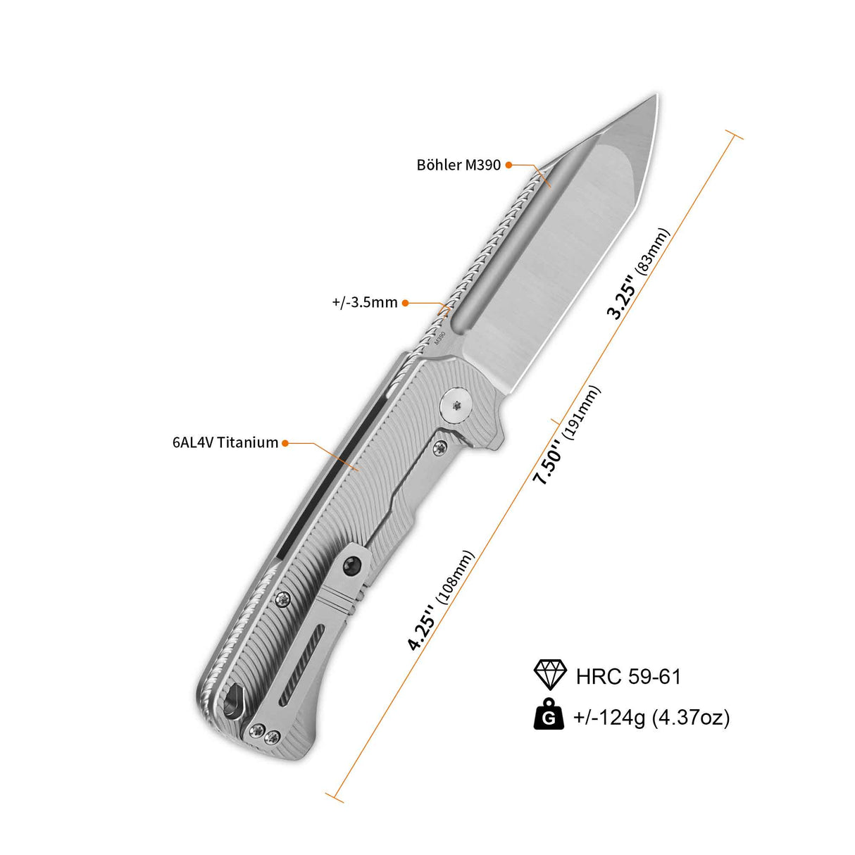 QSP Rhino pocket knife with Böhler M390 tanto blade and titanium handle specifications