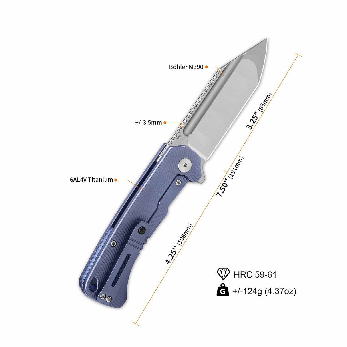 QSP Rhino pocket knife with Böhler M390 blade and textured titanium handle, specifications displayed.