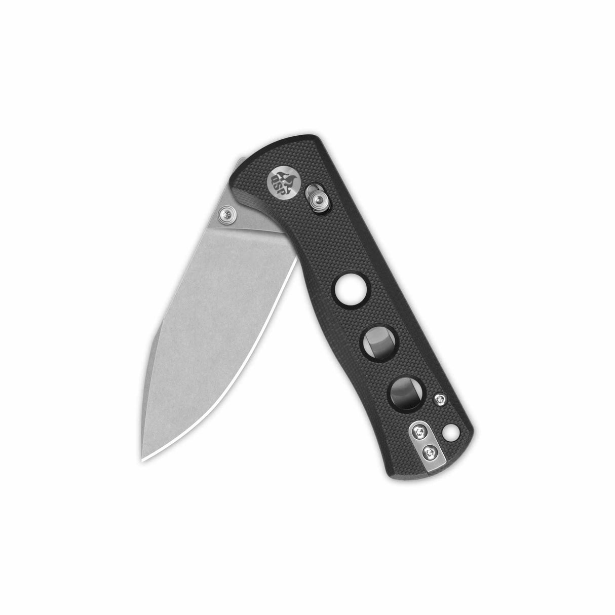 QSP Canary Glyde Lock pocket knife with stonewashed blade and black textured handle.