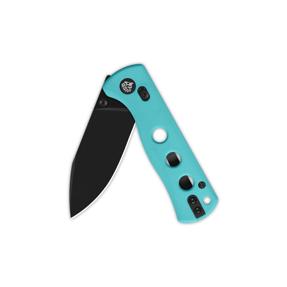 QSP Canary Glyde Lock Pocket Knife, black blade, Tiffany Blue handle, angled view.