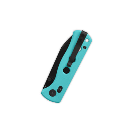 QSP Canary pocket knife with black blade and Tiffany Blue G10 handle, side view