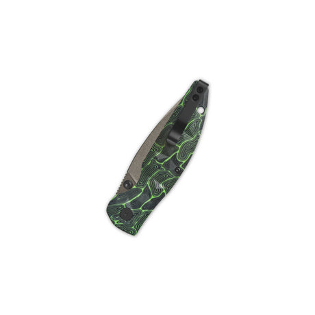 Closed QSP Turtle Punk pocket knife with black/green G10 handle design.