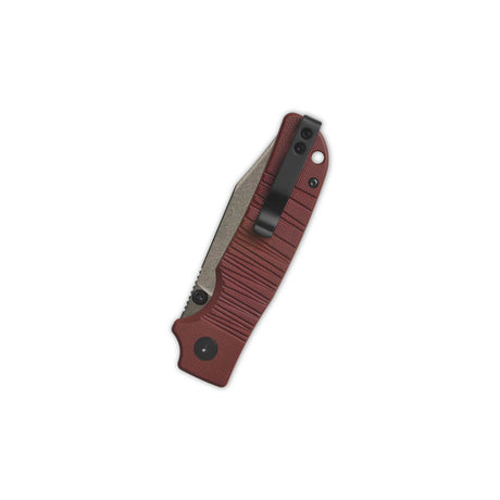 Closed QSP Kali pocket knife with dark red G10 handle and stainless steel clip