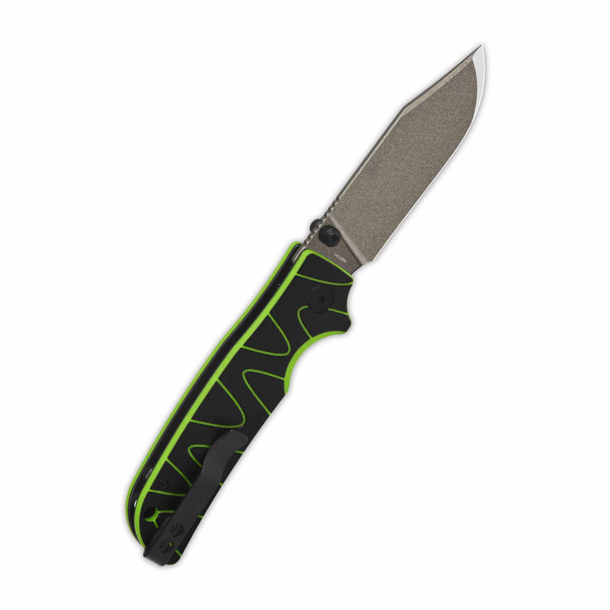 QSP Kali pocket knife featuring a black/neon G10 handle and 14C28N clip point blade.