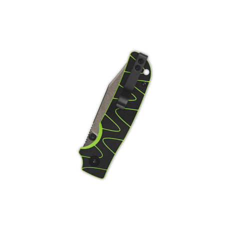 Side view of QSP Kali button lock pocket knife with black and neon G10 handle.