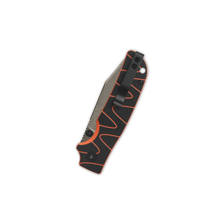 Black and orange G10 handle of QSP Kali pocket knife with button lock mechanism.